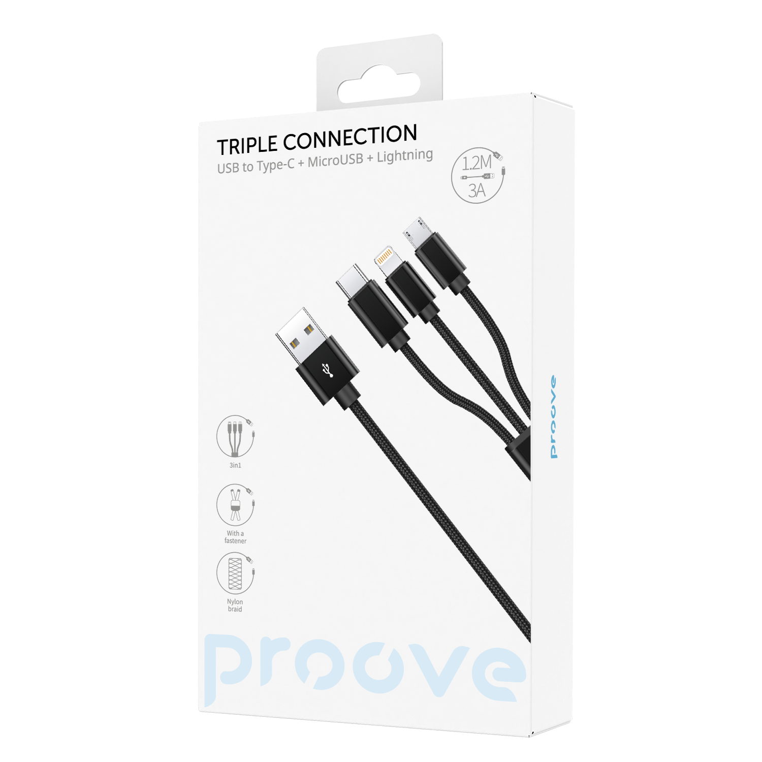 Cable Proove Triple Connection 3 in 1 Type-C + Micro USB + Lightning (1,2m) - Black Cable Proove Triple Connection 3 in 1 Type-C + Micro USB + Lightning (1,2m) - Black