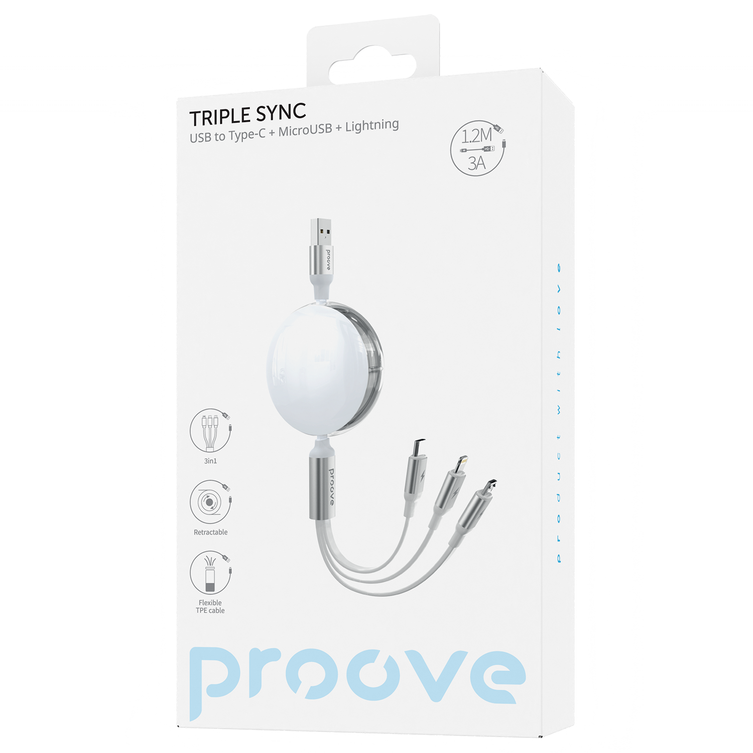 Proove Triple Sync 3-in-1 Charging Cable – Type-C, Micro-USB & Lightning – Fast Charging, Universal Compatibility – 1.2M (White) | 3A Power | Durable & Tangle-Free Proove Triple Sync 3-in-1 Charging Cable – Type-C, Micro-USB & Lightning – Fast Charging, Universal Compatibility – 1.2M (White) | 3A Power | Durable & Tangle-Free