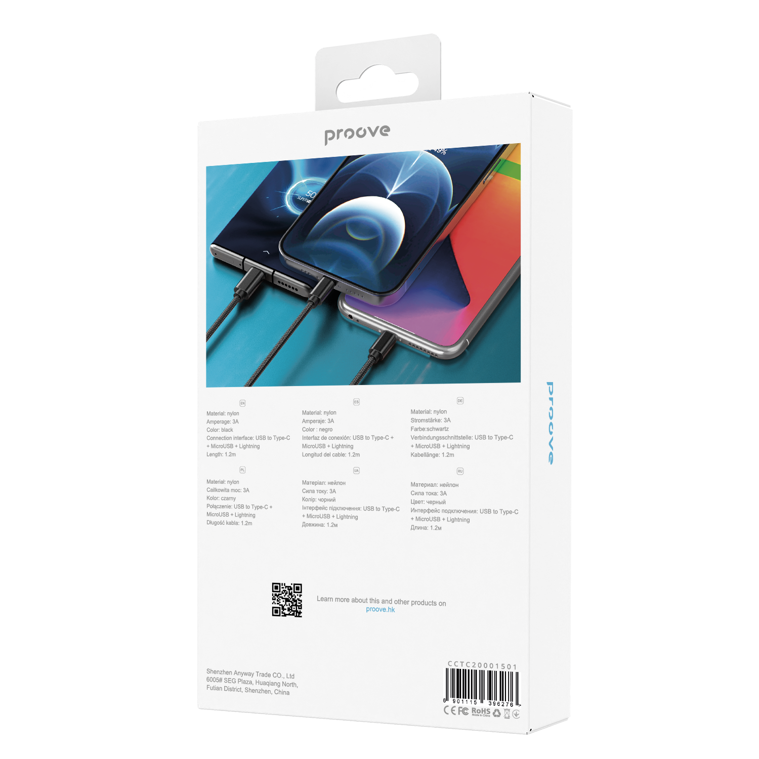 Cable Proove Triple Connection 3 in 1 Type-C + Micro USB + Lightning (1,2m) - Black Cable Proove Triple Connection 3 in 1 Type-C + Micro USB + Lightning (1,2m) - Black